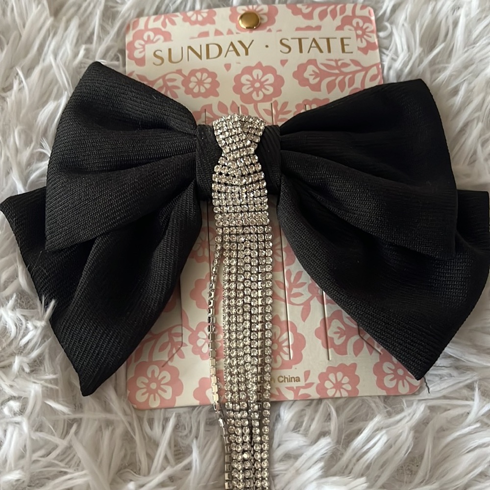 Sunday State Hair Clip With Black Polyester Bow Dripping Rhinestone Detail